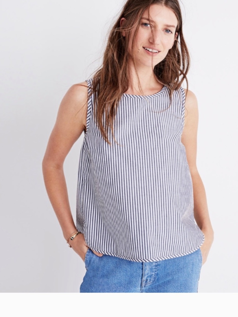 Madewell Striped Cotton Pleated Back High Low Tank Top Gray White Small
